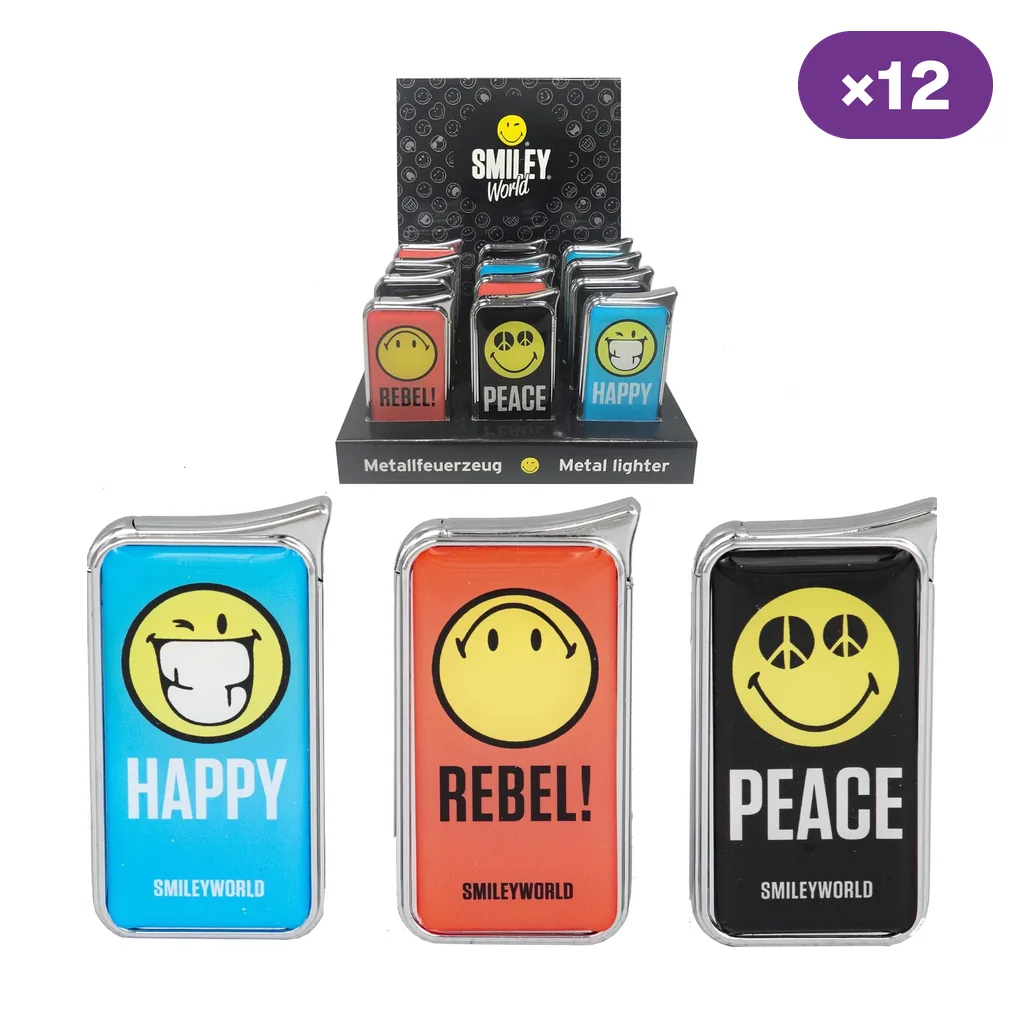 Selección de encendedores Smiley en azul, rojo y negro, con caras amarillas y textos Happy, Rebel y Peace, junto a un expositor.