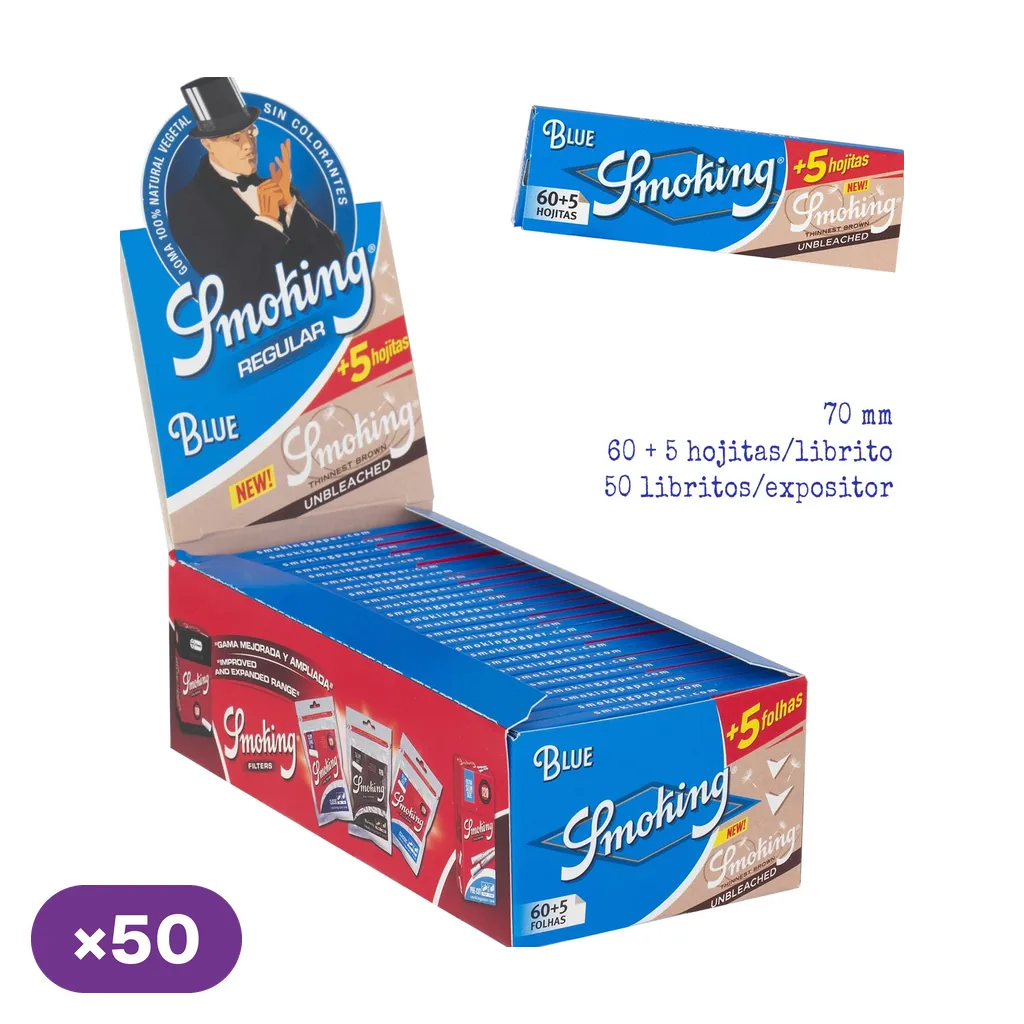 Expositor abierto de papel Smoking Blue con varios libritos y uno ampliado; se indican 60 + 5 hojitas por librito y 50 libritos por caja.