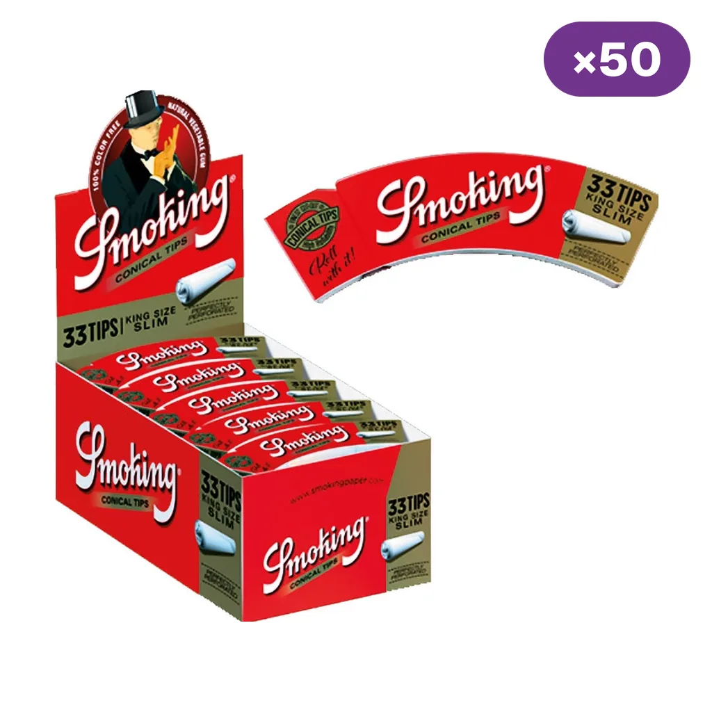 Expositor de Smoking Conical Tips KS Slim con libritos rojos y dorados, etiqueta de 33 tips y distintivo de 50 unidades.