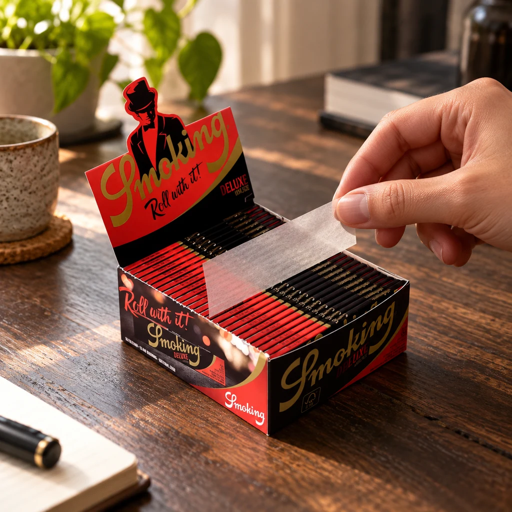 Una mano sostiene una hoja de papel translúcido sobre un expositor rojo y negro de Smoking Deluxe, situado en una mesa de madera.
