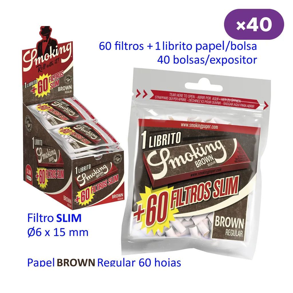 Bolsa Smoking con 60 filtros Slim y un librito Brown Regular, junto a un expositor rotulado para 40 bolsas.