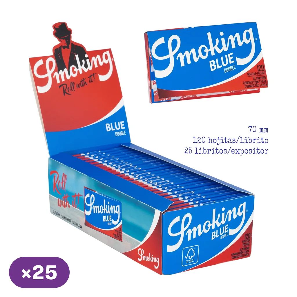 Expositor abierto de Smoking Blue Doble con varios libritos azules y rojos, un librito destacado y distintivo de 25 unidades.
