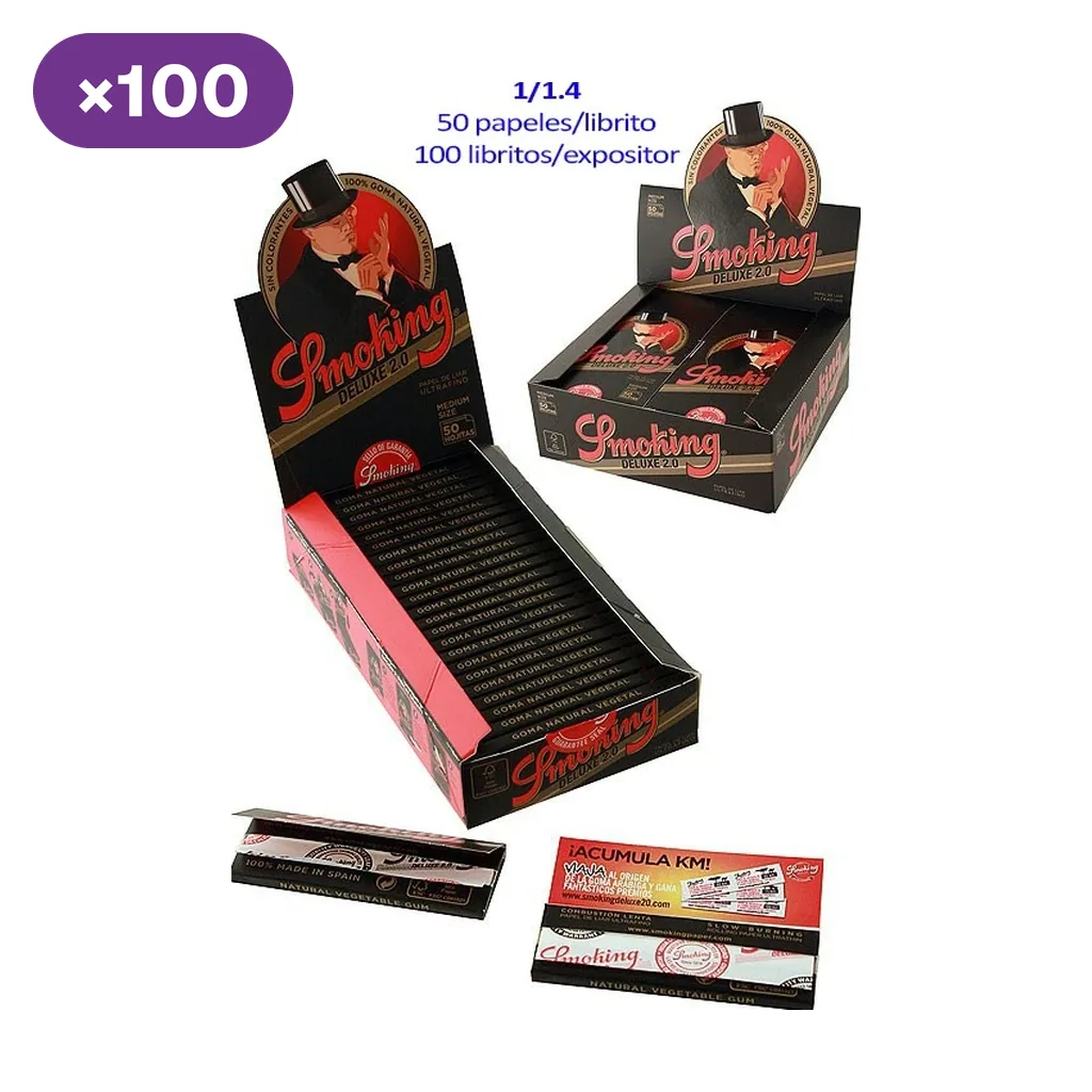 Expositores y librillos de papel Smoking De Luxe 2.0 negros y rojos, con las indicaciones 1¼, 50 papeles por librito y 100 libritos por expositor.