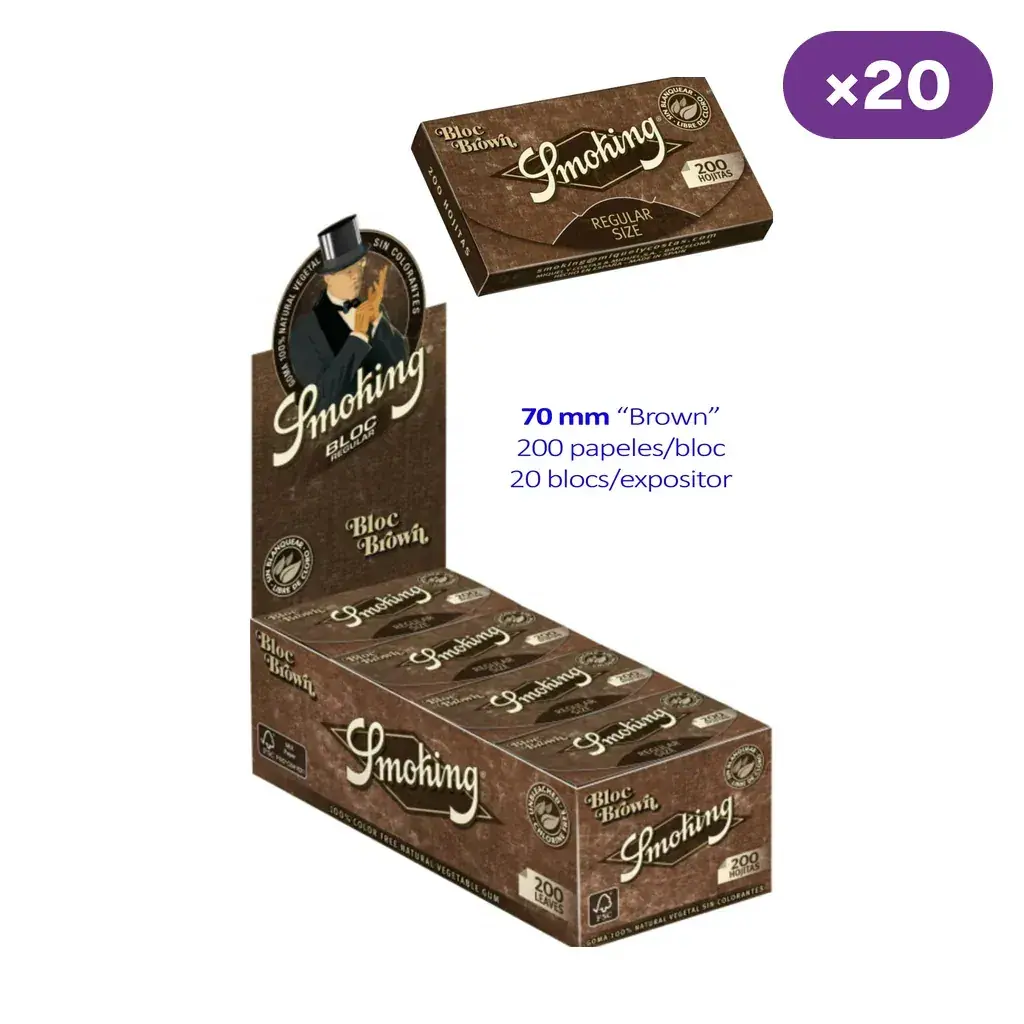 Expositor de papel Smoking Brown y bloc separado, con indicaciones de 70 mm, 200 papeles por bloc y 20 blocs por expositor.