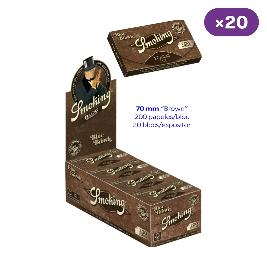 Expositor de papel Smoking Brown y bloc separado, con indicaciones de 70 mm, 200 papeles por bloc y 20 blocs por expositor.
