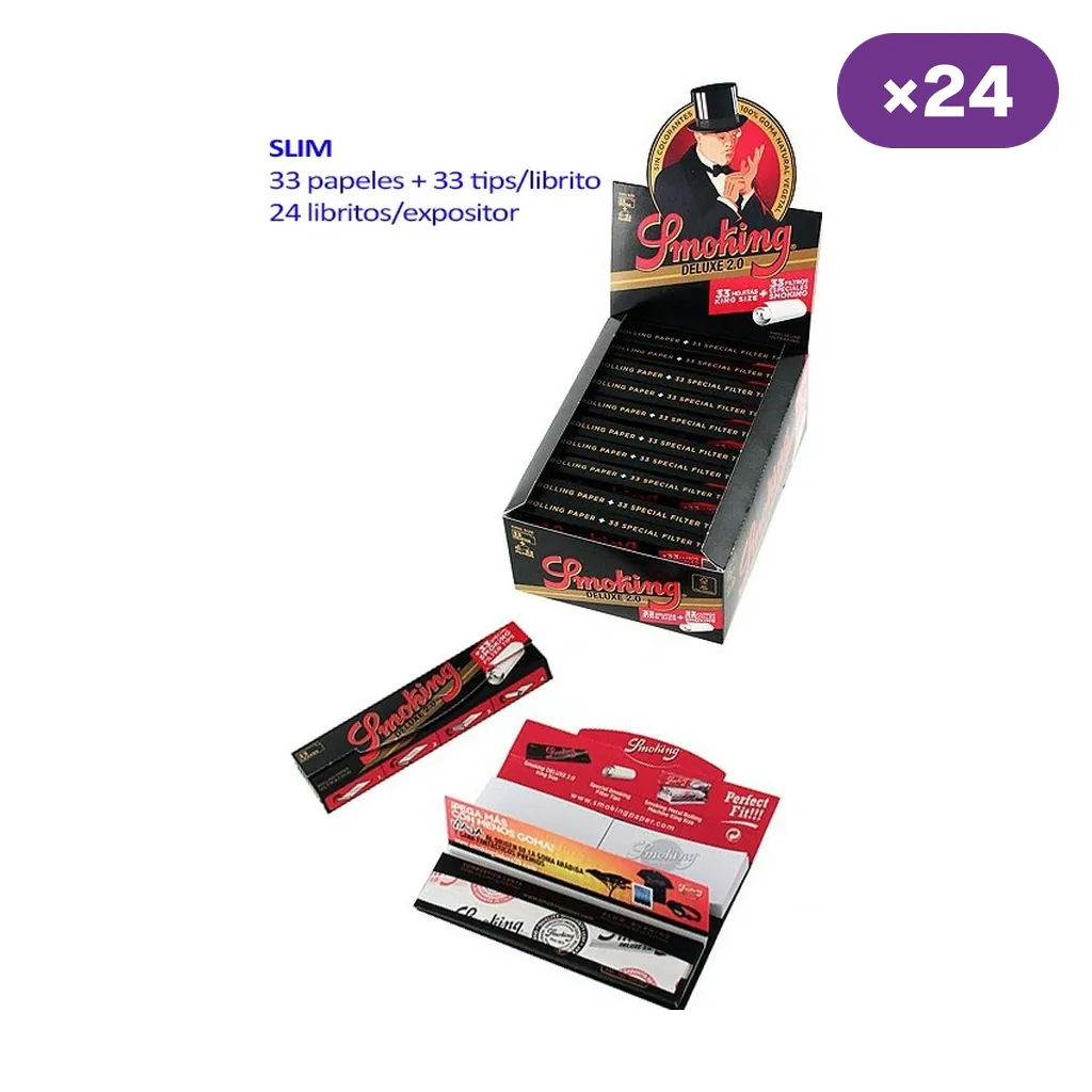 Expositor Smoking De Luxe 2.0 con libritos negros y rojos de papel y filtros; delante se muestra un librito abierto. Expositor Smoking De Luxe 2.0 con libritos negros y rojos de papel y filtros; delante se muestra un librito abierto.