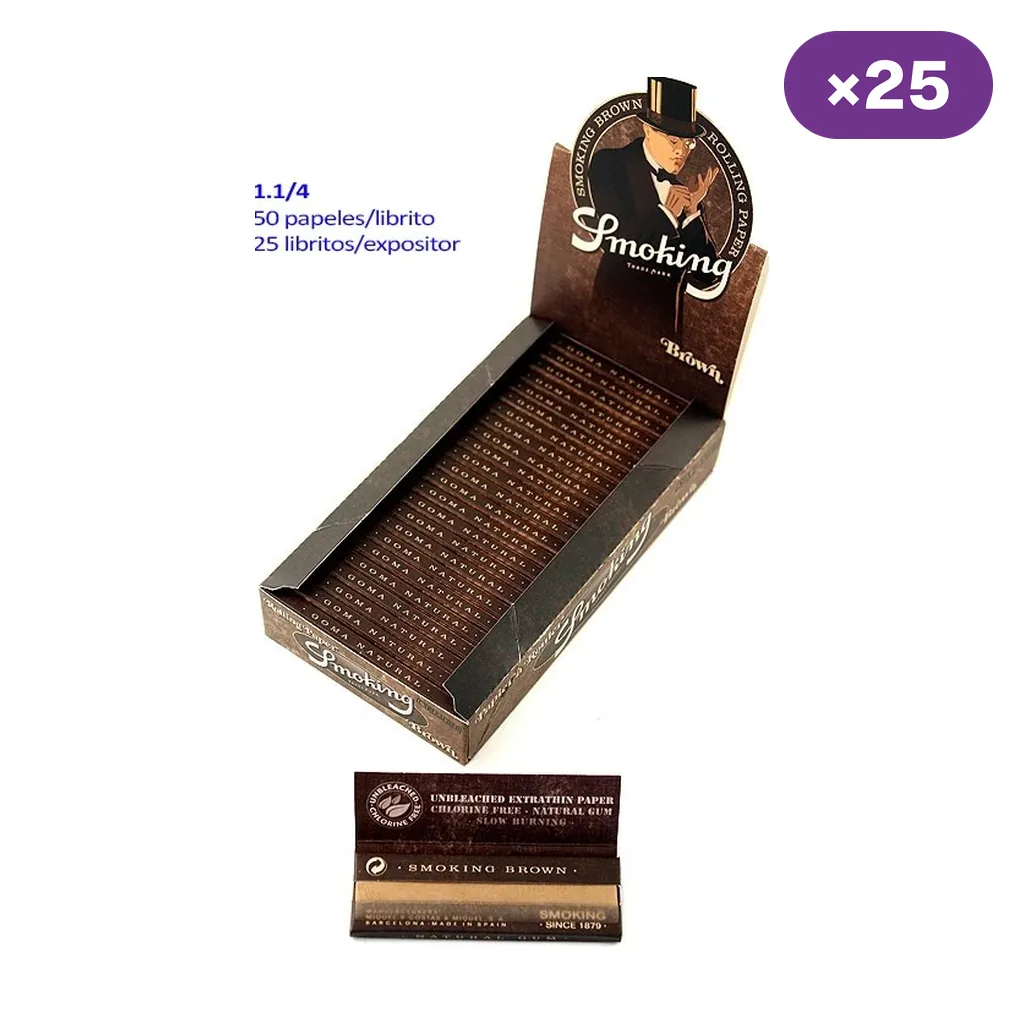 Caja expositora de papel Smoking Brown 1 1/4 con 25 libritos y un librito abierto delante, sobre fondo blanco.