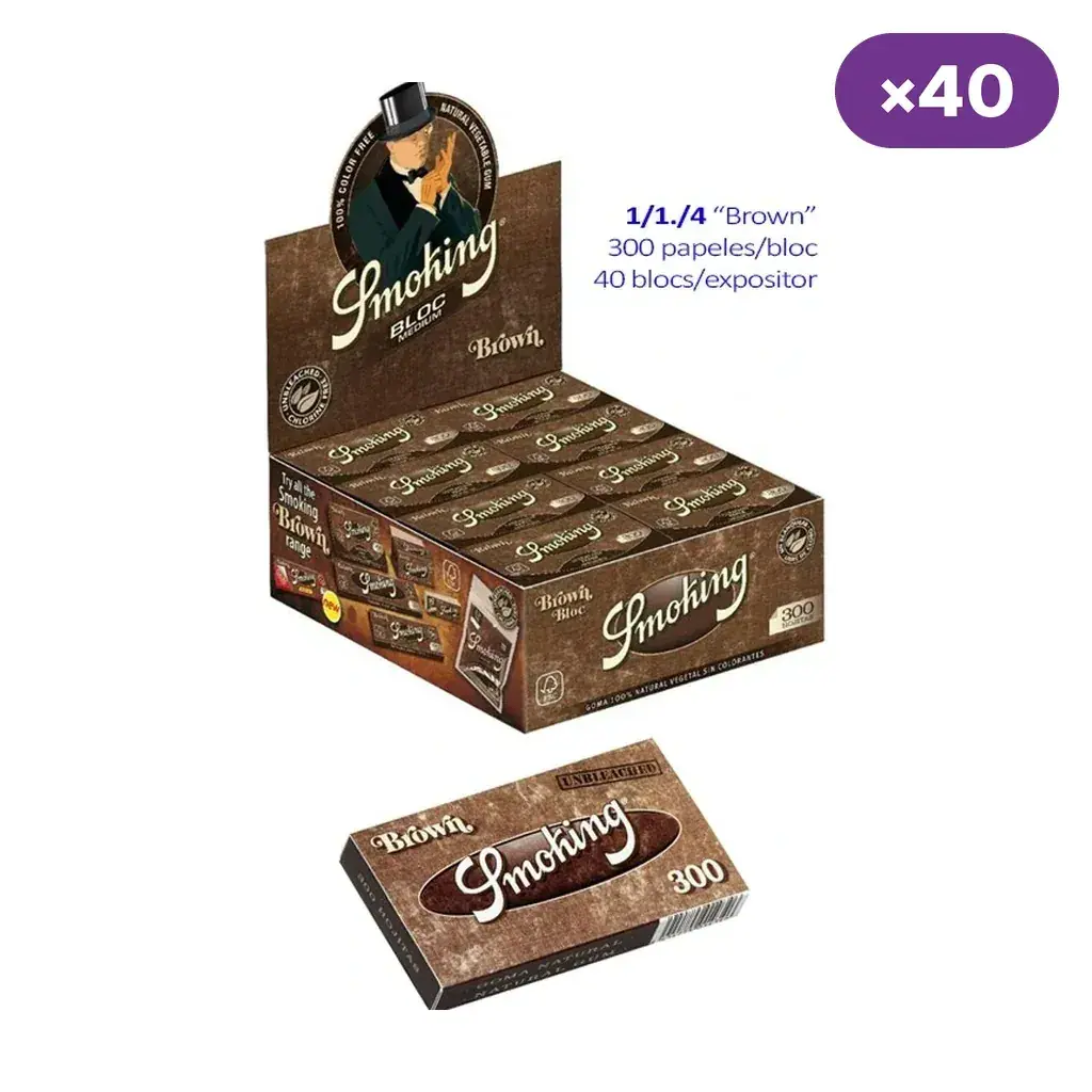 Expositor de papel Smoking Brown Bloc con un bloc delante; el texto indica 300 papeles por bloc y 40 blocs por expositor.