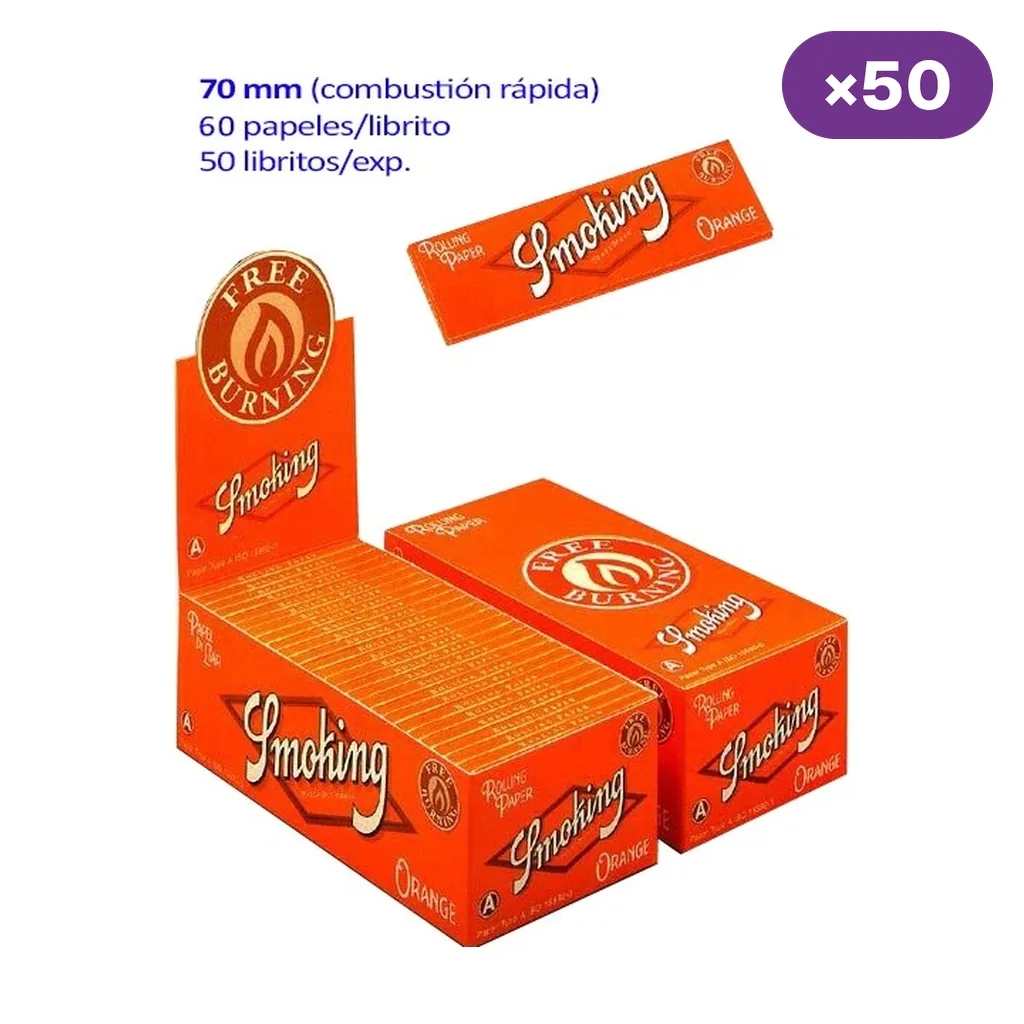 Papel de liar Smoking nº 8 Naranja en expositor abierto y caja cerrada, con un librillo aparte y rótulos de 70 mm y 50 librillos.