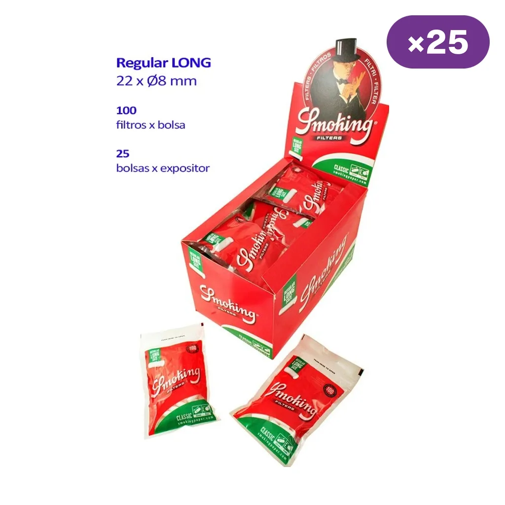 Expositor rojo de filtros Smoking Long Regular Classic con varias bolsas; el texto indica 100 filtros por bolsa y 25 bolsas por expositor. Expositor rojo de filtros Smoking Long Regular Classic con varias bolsas; el texto indica 100 filtros por bolsa y 25 bolsas por expositor.