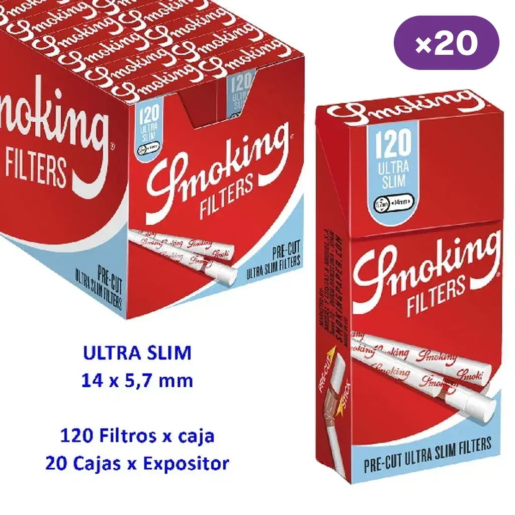 Expositor y cajita roja de filtros Smoking Ultra Slim pre-cut; los rótulos indican 120 filtros por caja y 20 cajas por expositor.