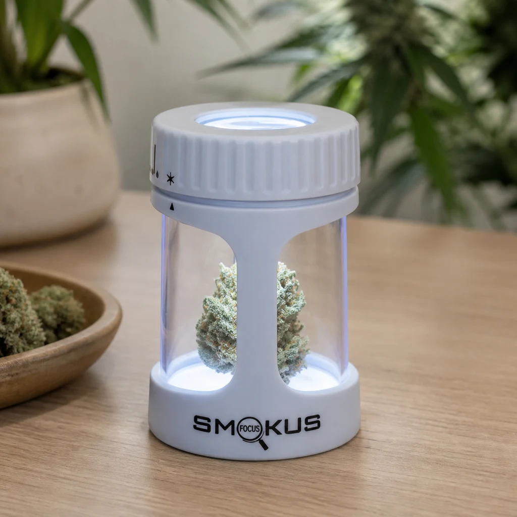 Tarro Smokus Focus blanco con ventanas transparentes y un cogollo iluminado en su interior, sobre una mesa de madera con plantas al fondo.