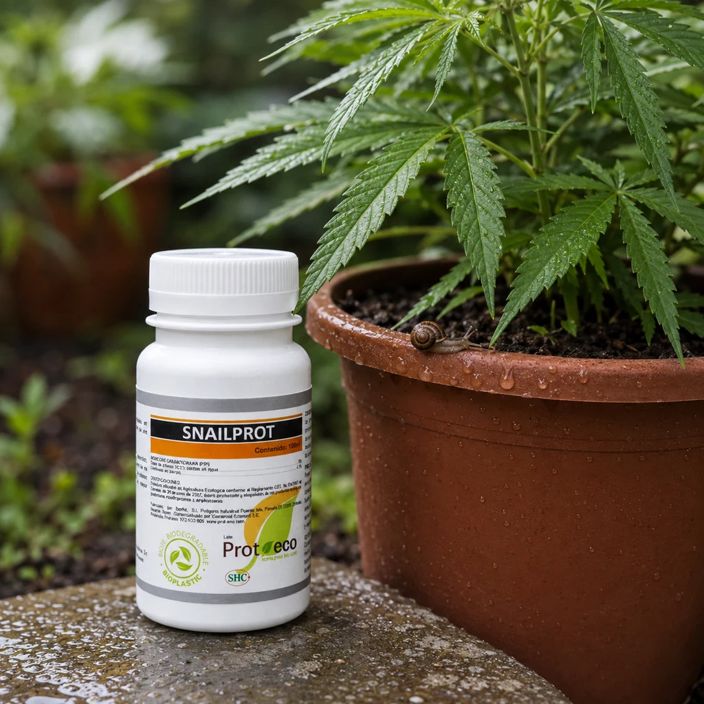 Bote blanco de Snailprot Prot-Eco junto a una maceta con una planta de cannabis y un caracol sobre el borde, con gotas de agua.