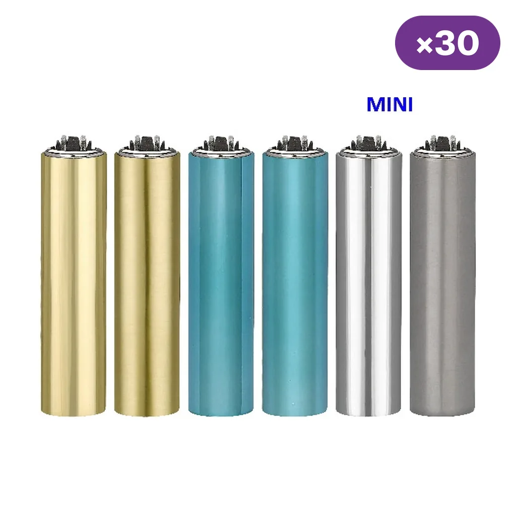 Selección de encendedores Mini Clipper con fundas en tonos dorado, turquesa, plateado y gris, con los rótulos MINI y ×30.