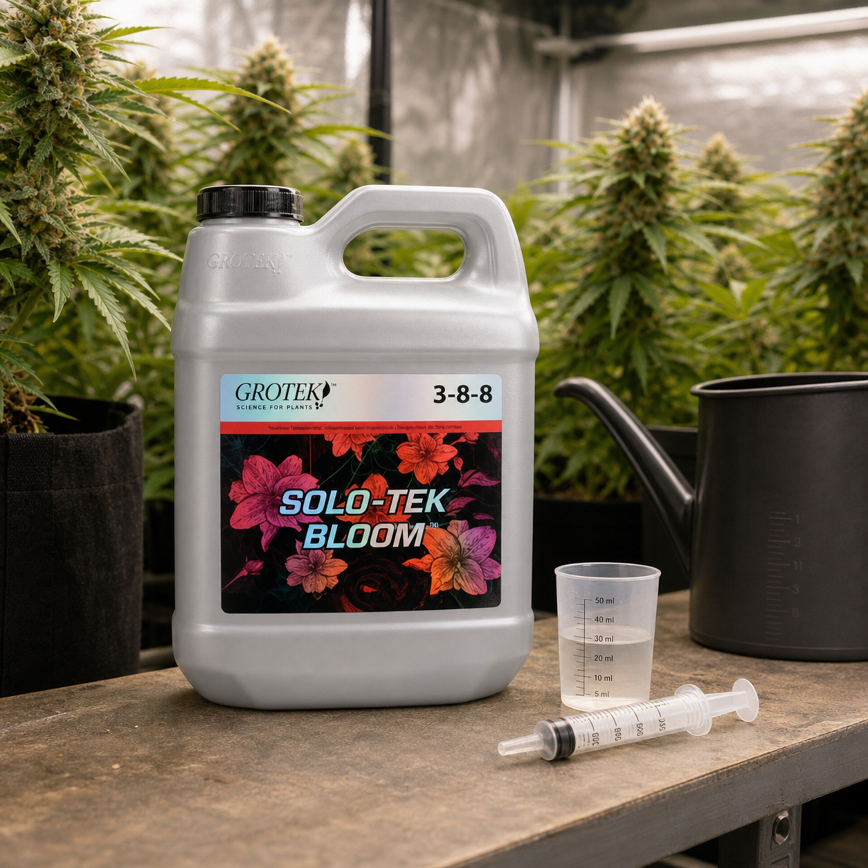 Garrafa de Grotek Solo-Tek Bloom con etiqueta 3-8-8, junto a un vaso graduado, una jeringa y una regadera, con plantas al fondo. Garrafa de Grotek Solo-Tek Bloom con etiqueta 3-8-8, junto a un vaso graduado, una jeringa y una regadera, con plantas al fondo.