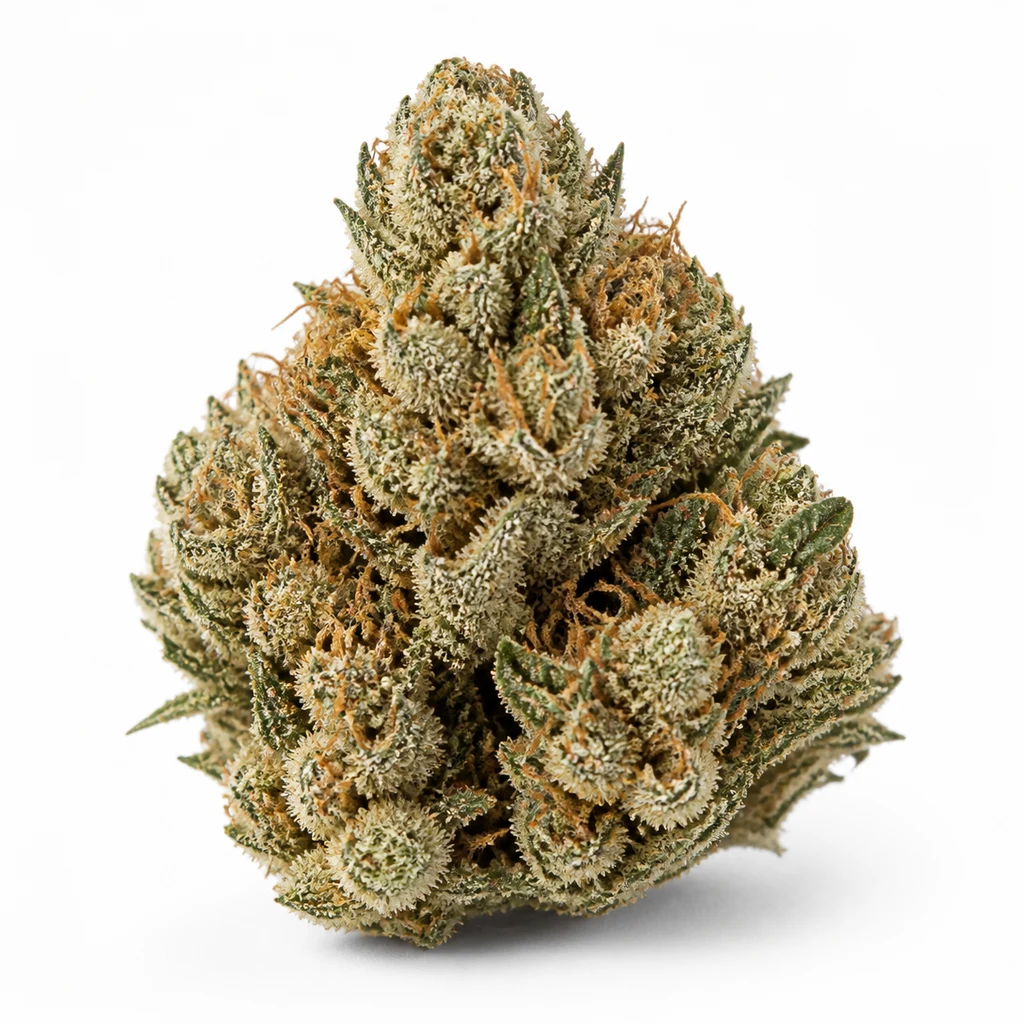 Ilustración de un cogollo cónico verde con filamentos anaranjados para la ficha de Solomatic CBD Autofloreciente de Royal Queen Seeds.