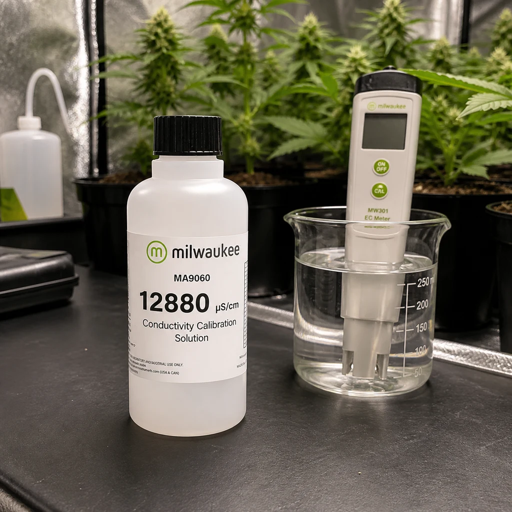 Botella Milwaukee MA9060 rotulada 12880 μS/cm junto a un medidor EC sumergido en un vaso, con plantas al fondo. Botella Milwaukee MA9060 rotulada 12880 μS/cm junto a un medidor EC sumergido en un vaso, con plantas al fondo.