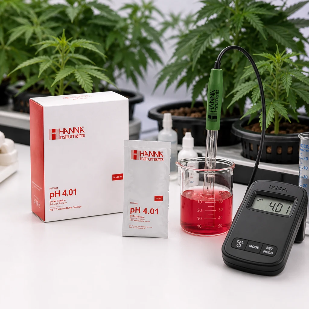Solución Hanna pH 4,01 en caja y sobre, junto a un vaso con líquido rojo y una sonda conectada a un medidor que marca 4,01.