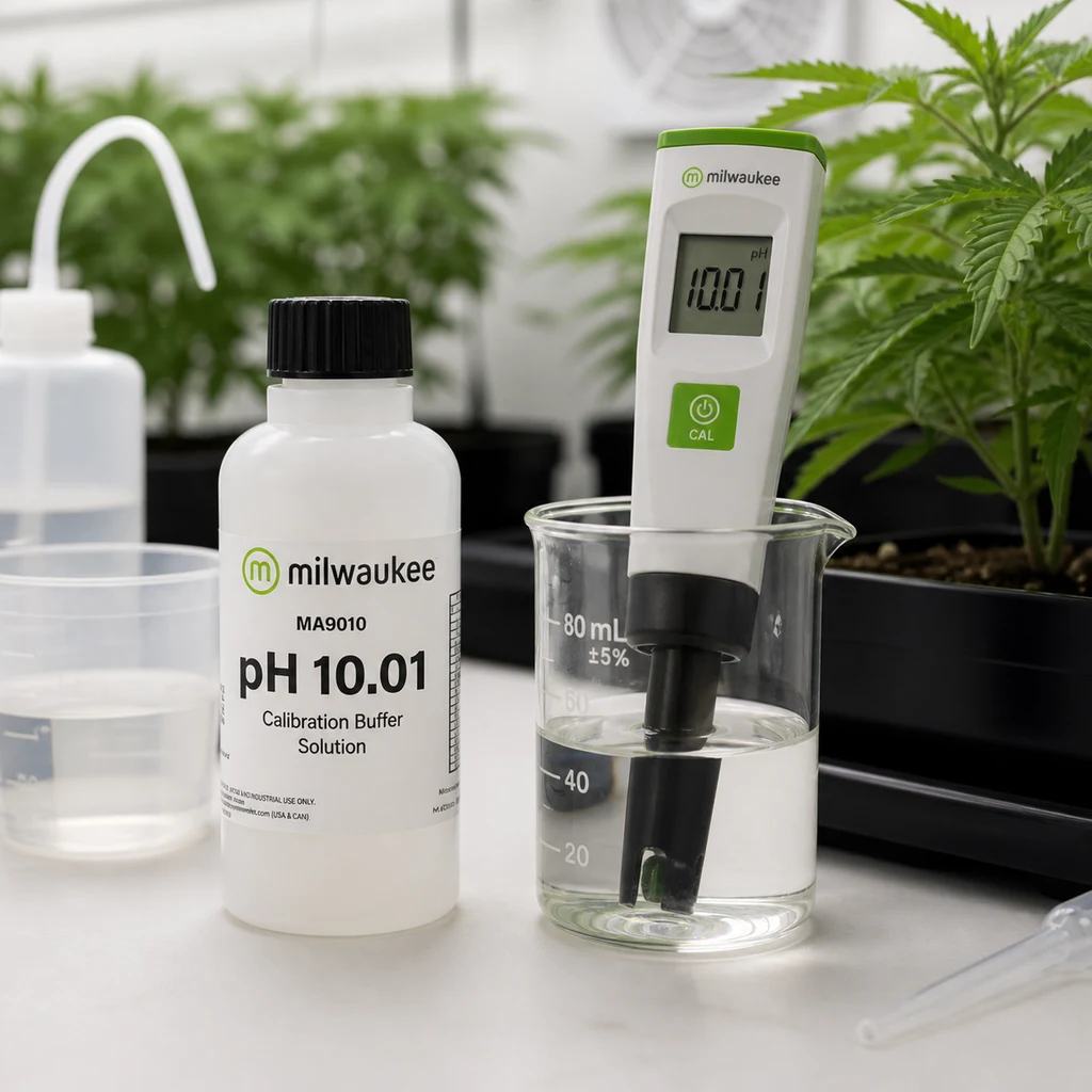 Solución de calibración Milwaukee pH 10.01 junto a un medidor digital sumergido en un vaso con líquido y plantas al fondo. Solución de calibración Milwaukee pH 10.01 junto a un medidor digital sumergido en un vaso con líquido y plantas al fondo.