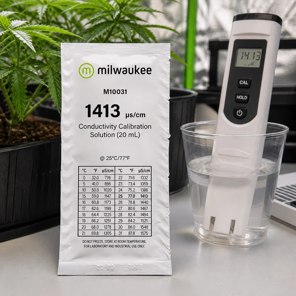 Escena generada con sobre Milwaukee de solución de calibración EC de 1413 µS/cm y 20 ml, junto a un medidor sumergido en un vaso transparente. Escena generada con sobre Milwaukee de solución de calibración EC de 1413 µS/cm y 20 ml, junto a un medidor sumergido en un vaso transparente.
