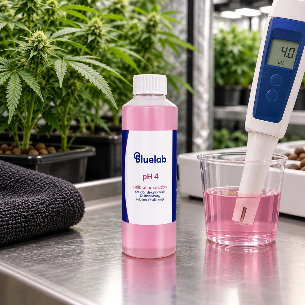 Botella Bluelab pH 4 junto a un vaso con líquido rosa y un medidor sumergido que muestra 4.0, con plantas al fondo.