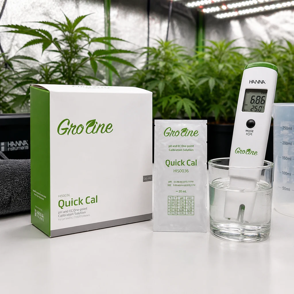 Caja y sobre de solución Hanna GroLine Quick Cal junto a un medidor sumergido en un vaso, con plantas y luces de cultivo al fondo.