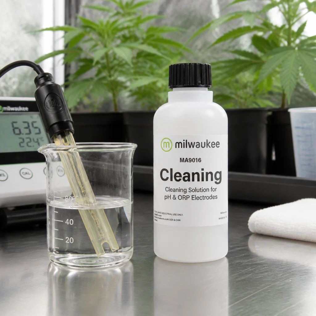 Bote de solución de limpieza Milwaukee junto a un electrodo sumergido en un vaso, con un medidor y plantas al fondo. Bote de solución de limpieza Milwaukee junto a un electrodo sumergido en un vaso, con un medidor y plantas al fondo.