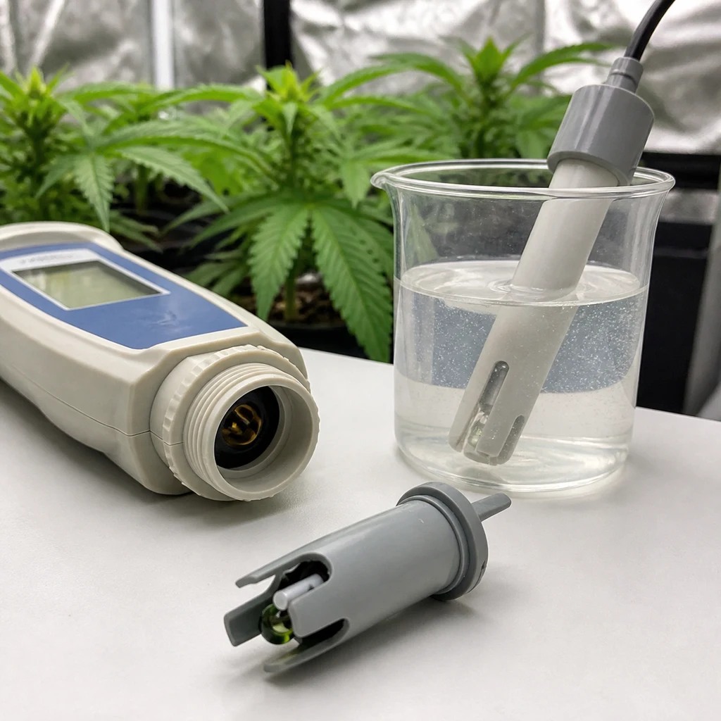 Sonda de repuesto Adwa en primer plano junto a un medidor abierto y otra sonda sumergida en un vaso, con plantas al fondo. Sonda de repuesto Adwa en primer plano junto a un medidor abierto y otra sonda sumergida en un vaso, con plantas al fondo.