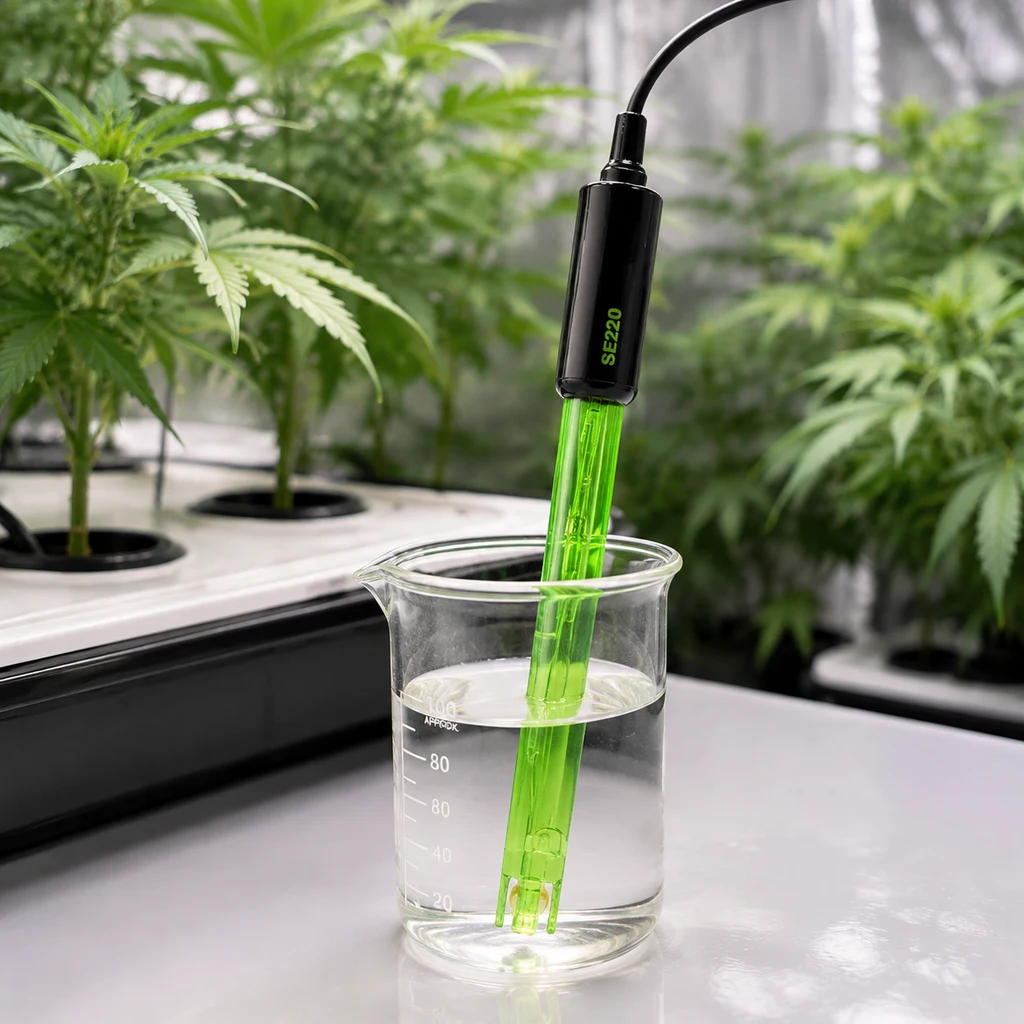 Escena generada de una sonda de pH Milwaukee SE-220 verde sumergida en un vaso con líquido transparente, con plantas al fondo.