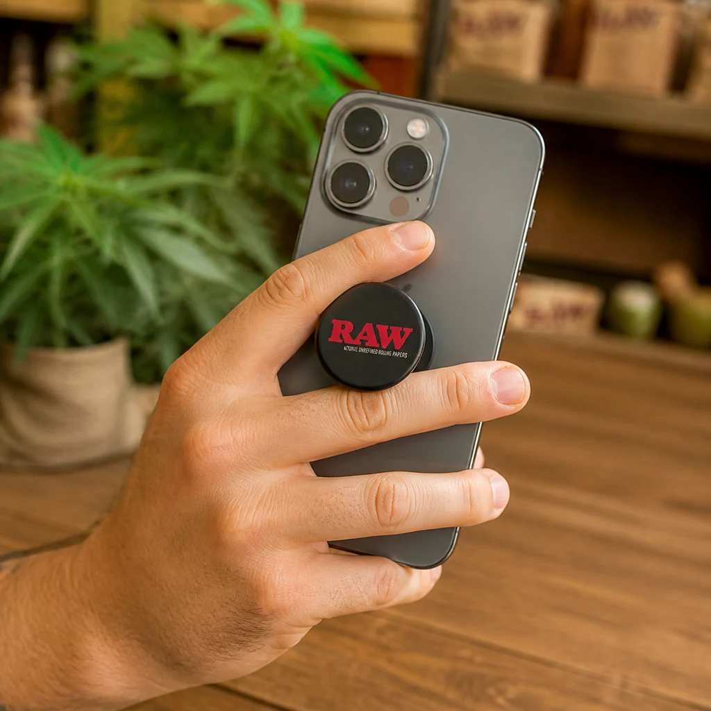 Una mano sostiene un móvil gris con el soporte circular negro RAW Handy Grip entre los dedos, sobre una mesa de madera.