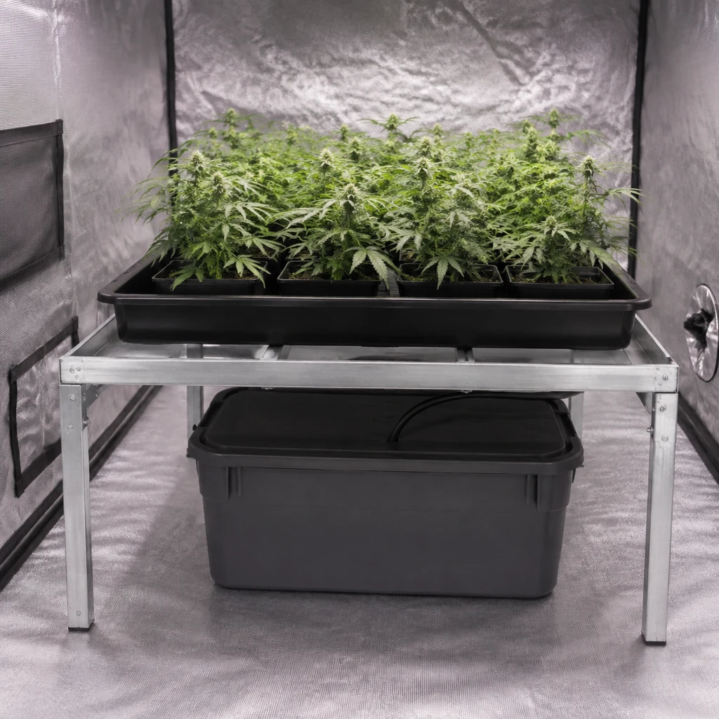 Soporte metálico con bandeja de plantas y depósito negro debajo, dentro de un armario de cultivo reflectante, en una escena generada. Soporte metálico con bandeja de plantas y depósito negro debajo, dentro de un armario de cultivo reflectante, en una escena generada.