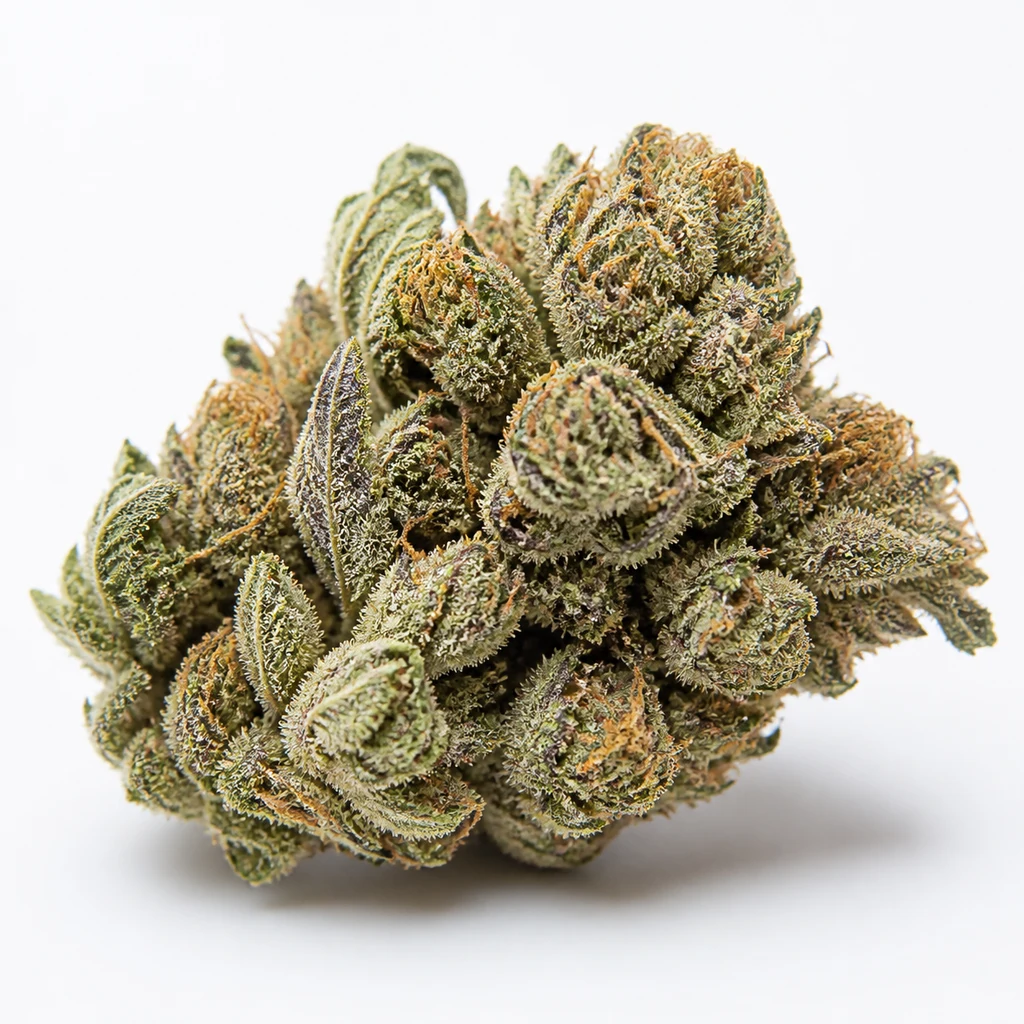 Ilustración de un cogollo compacto con hojas verdes y moradas y filamentos anaranjados, para la ficha de Sour Diesel Feminizada de Blimburn Seeds.