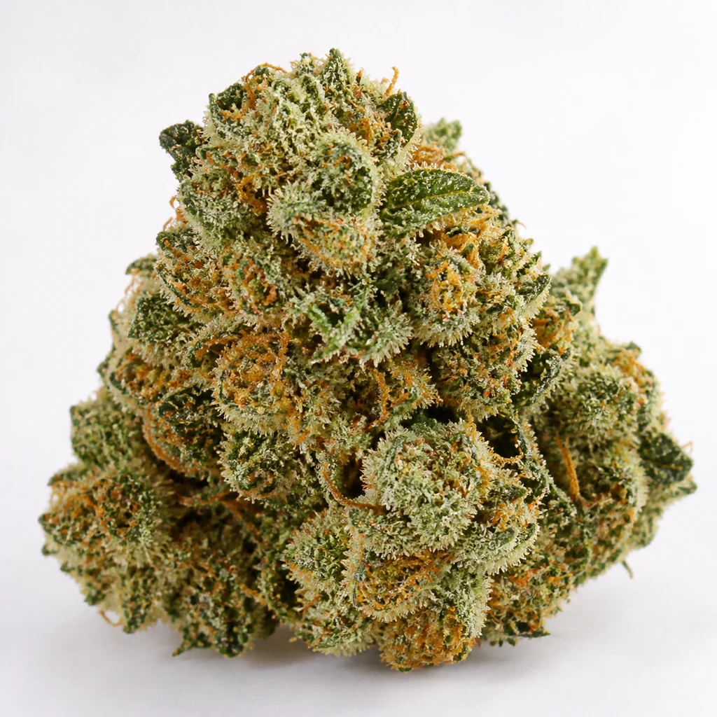 Ilustración de un cogollo verde con filamentos anaranjados y abundantes tricomas para la ficha de Sour Diesel Feminizada de Nirvana Seeds.