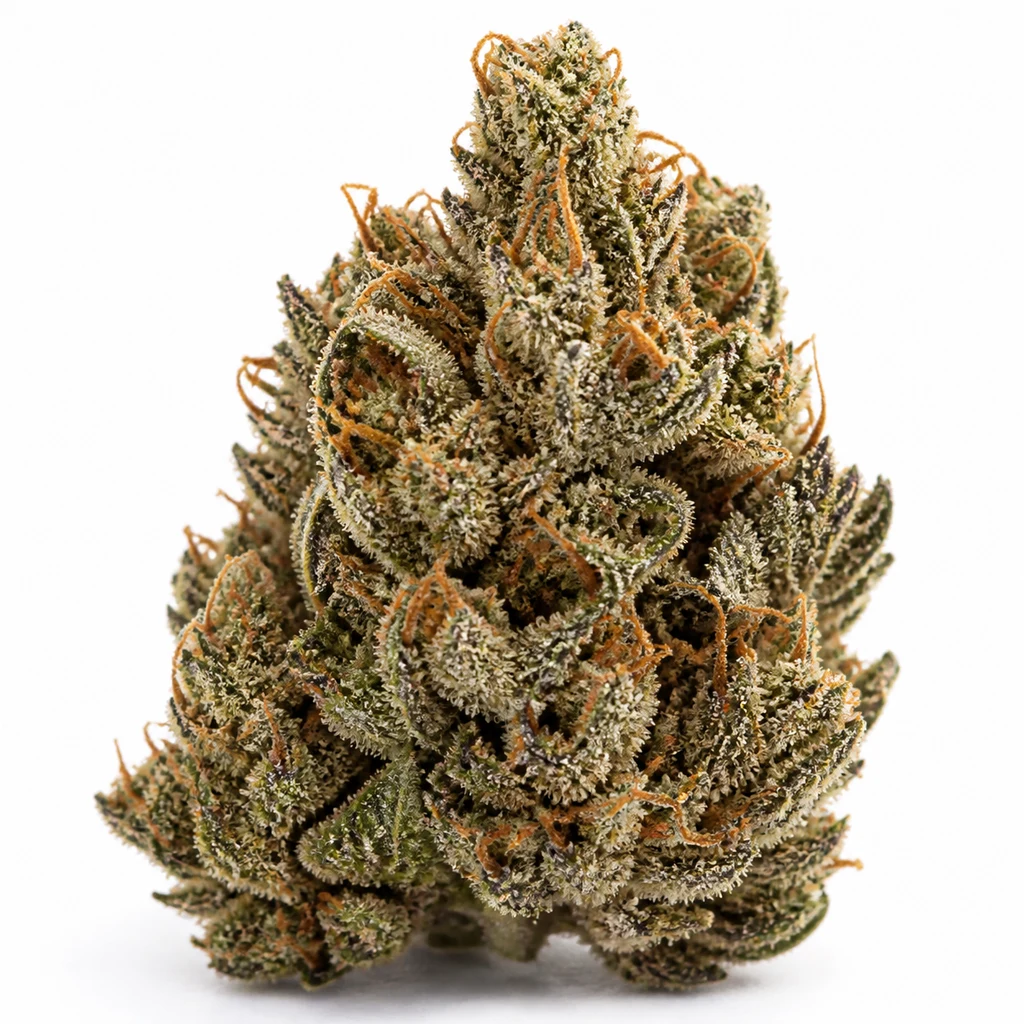 Ilustración de un cogollo cónico con cobertura blanquecina y pistilos naranjas para la ficha de Special Kush 1 Feminizada de Royal Queen Seeds.