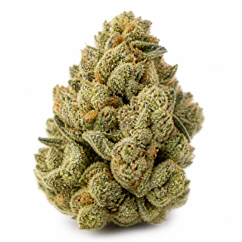 Ilustración de un cogollo verde con filamentos anaranjados y superficie cubierta de tricomas para la ficha de Speedy Boom Auto de Kannabia Seeds.