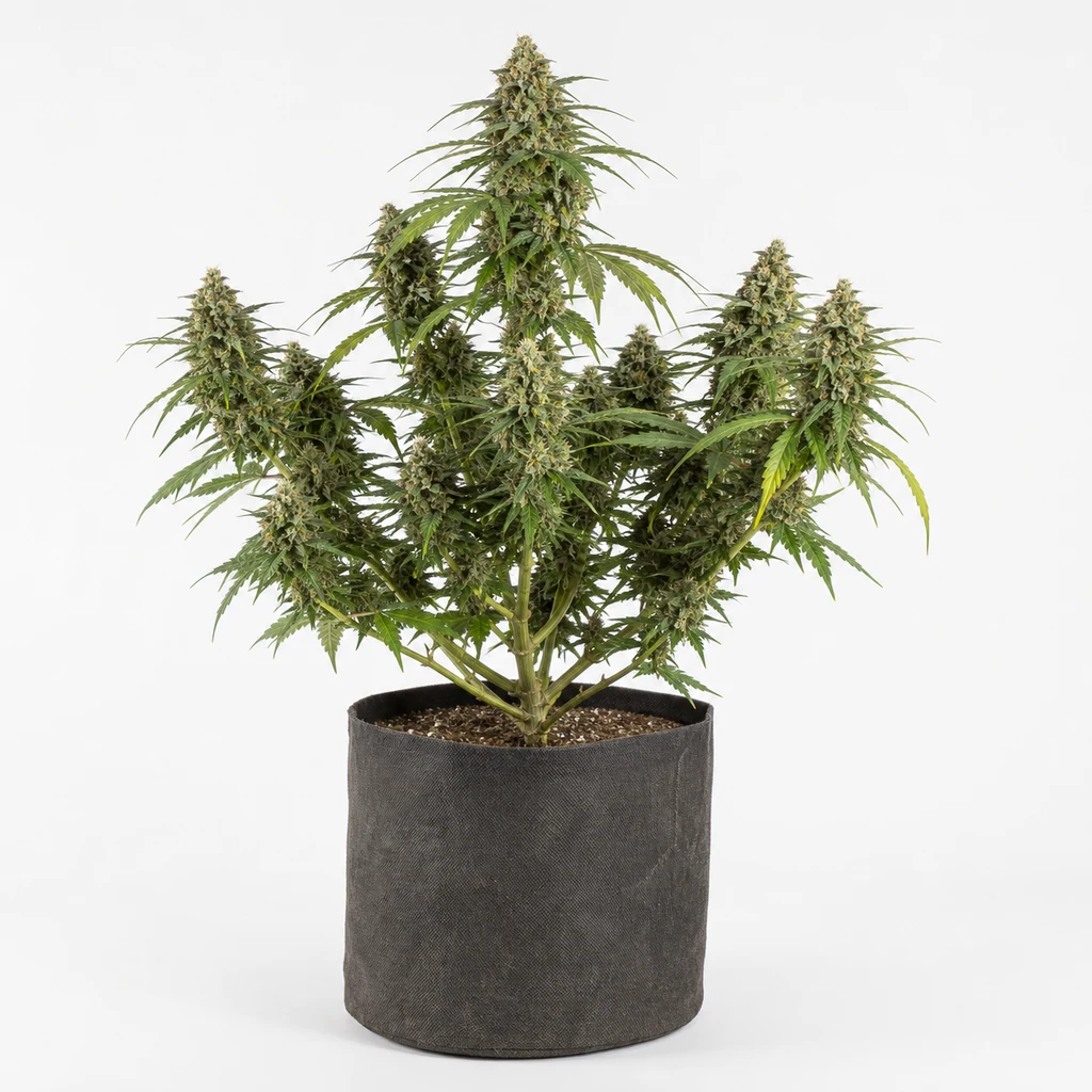 Ilustración de una planta de cannabis en floración para la ficha de Speedy Boom Auto, con cogollos en varias ramas y maceta gris. Ilustración de una planta de cannabis en floración para la ficha de Speedy Boom Auto, con cogollos en varias ramas y maceta gris.