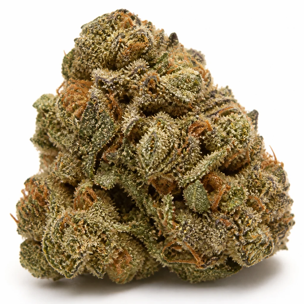 Ilustración de un cogollo compacto verde con filamentos naranjas y superficie blanquecina para la ficha de Spicy Guava Feminizada de Elev8 Seeds.