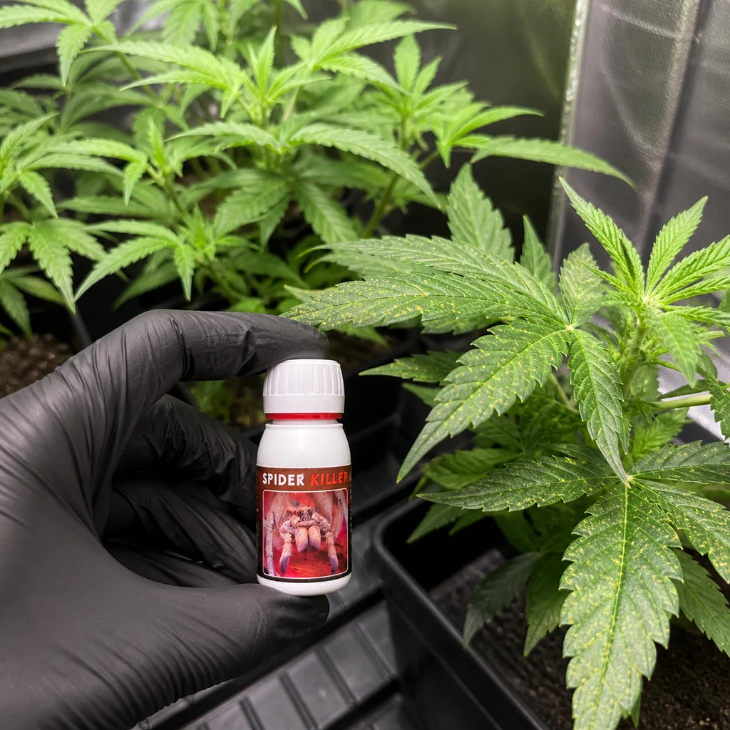 Una mano con guante negro sostiene un bote de Spider Killer junto a plantas de cannabis con hojas moteadas de amarillo.