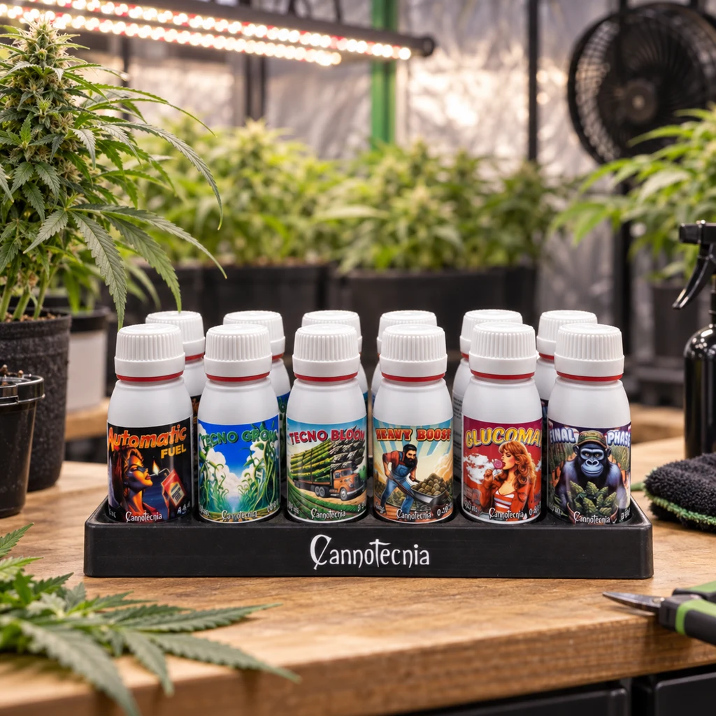 Varios frascos de fertilizantes con etiquetas diferentes en un soporte Cannotecnia, sobre una mesa junto a plantas de cannabis.