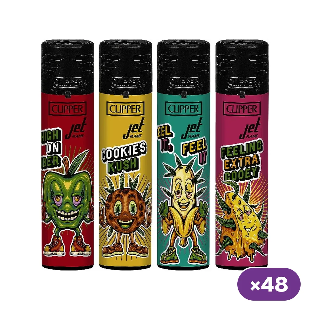 Selección de encendedores Clipper Jet Flame Stoned Yummy de distintos colores, con alimentos caricaturizados y distintivo «×48».