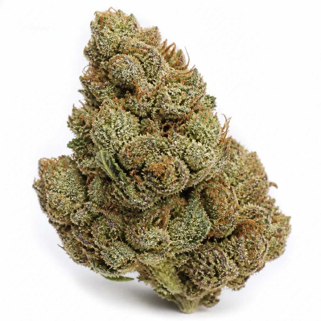 Ilustración de un cogollo verde con filamentos anaranjados y superficie blanquecina para la ficha de Strawberry Banana Gelato XL Auto® de Sweet Seeds.