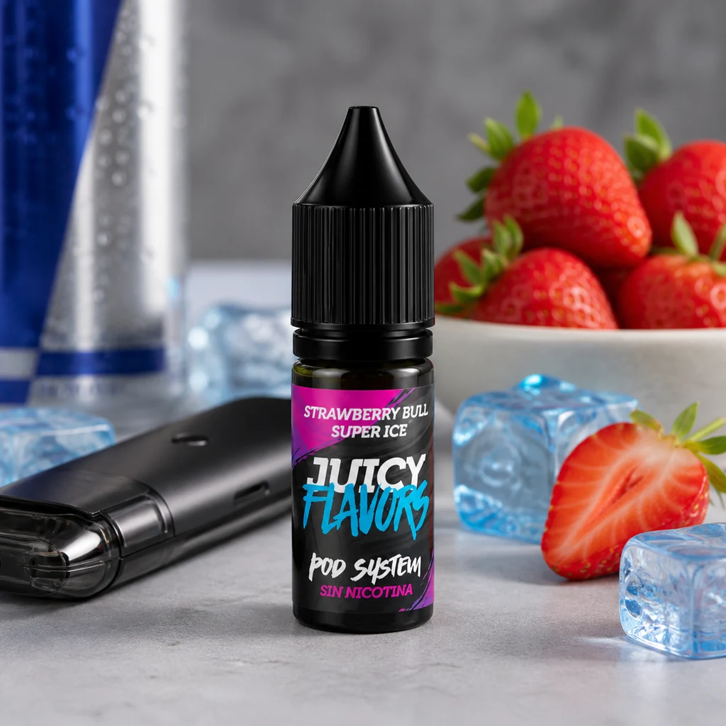 Frasco de e-liquid Strawberry Bull de Juicy Flavors, con tapón negro, junto a un vapeador, fresas y cubitos de hielo.