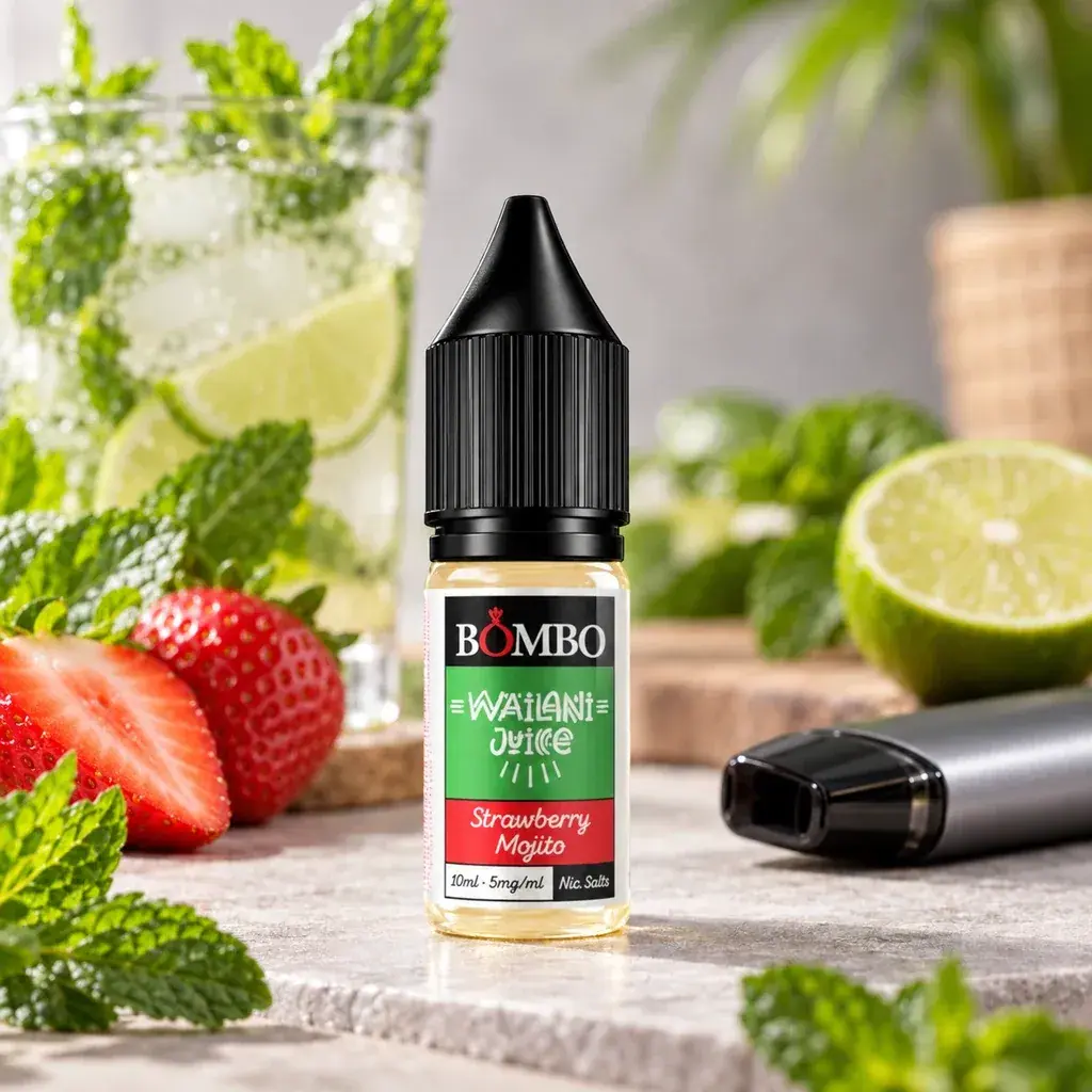 Frasco Strawberry Mojito de Wailani Juice by Bombo junto a un vapeador, fresas, lima, menta y un vaso con hielo.