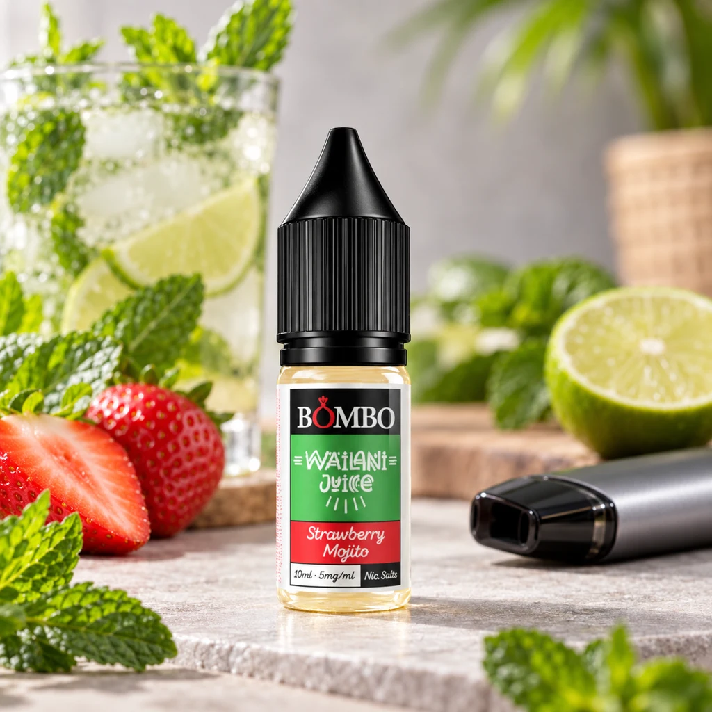 Frasco Strawberry Mojito de Wailani Juice by Bombo junto a un vapeador, fresas, lima, menta y un vaso con hielo.