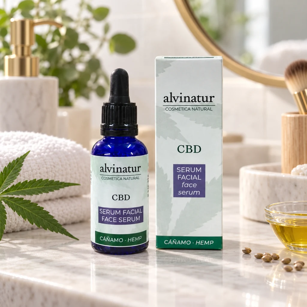 Suero facial CBD Alvinatur en frasco azul con cuentagotas y caja, sobre una encimera con toallas, hojas y un recipiente con líquido dorado.