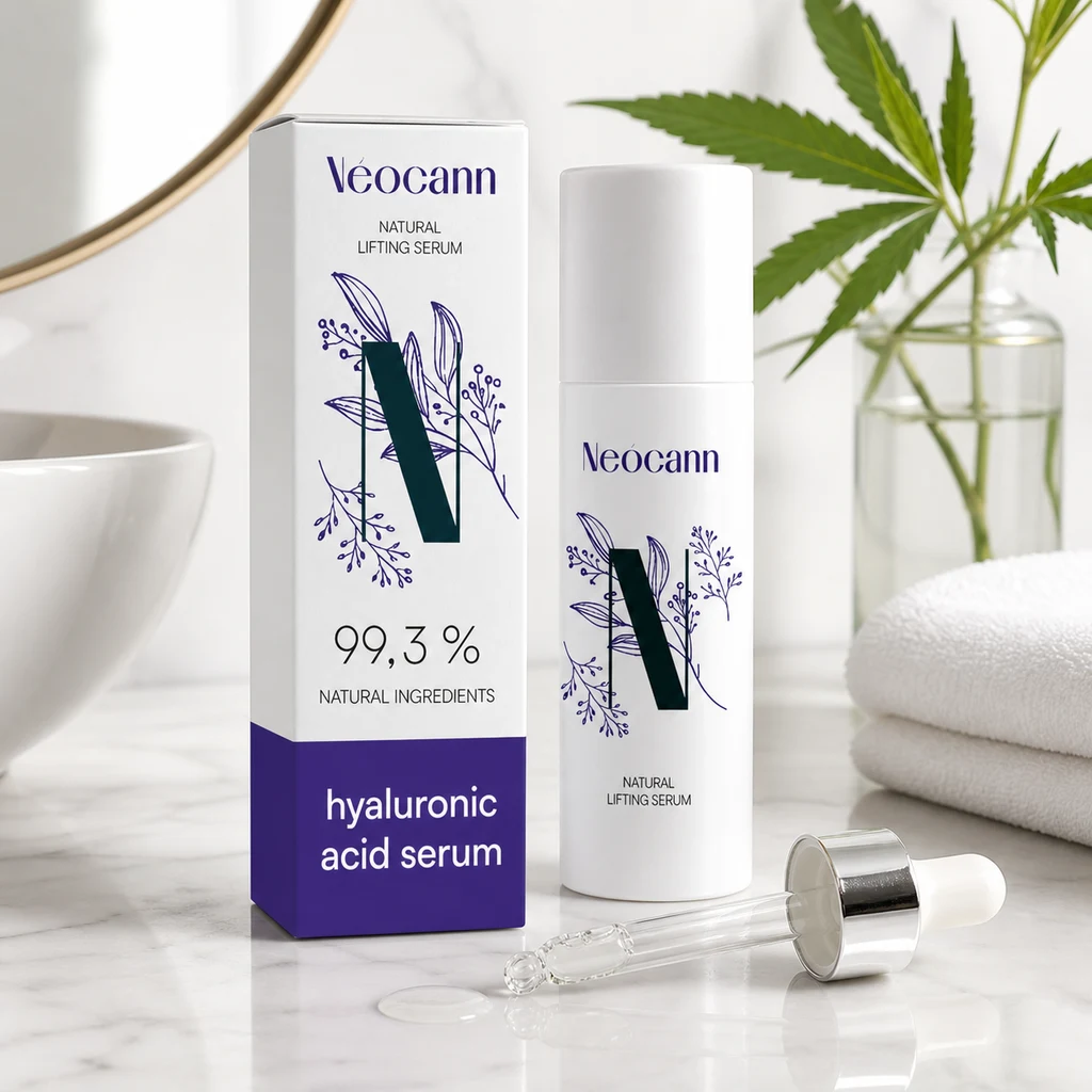 Envase blanco y caja de suero Neocann de ácido hialurónico, con cuentagotas sobre una encimera, junto a toallas y hojas verdes.