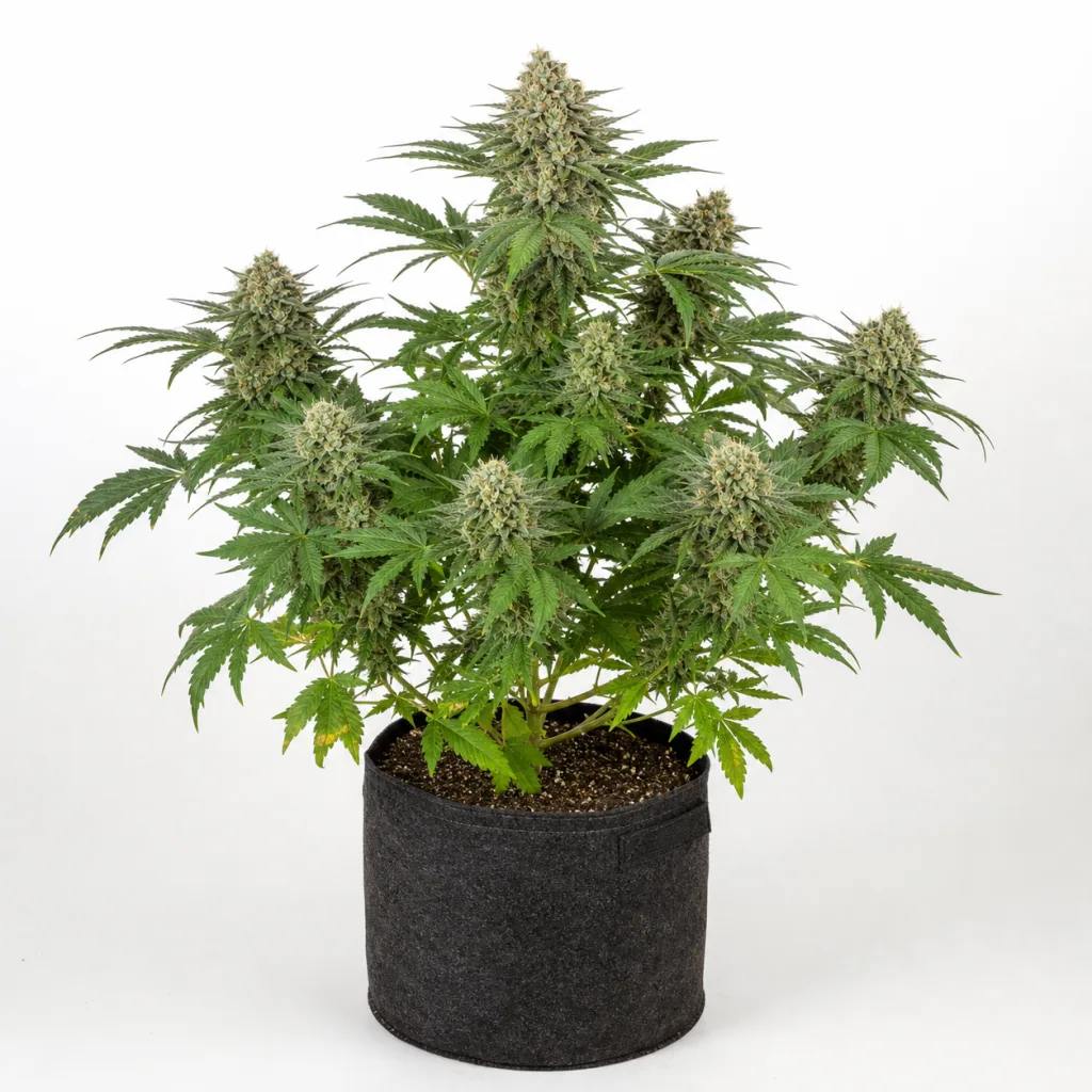 Planta de Super Auto Lemon Haze en floración, con varios cogollos y hojas verdes, en una maceta de tela oscura sobre fondo blanco.