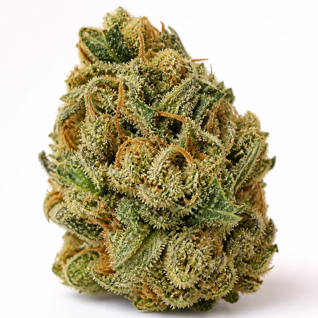 Ilustración de un cogollo verde con filamentos anaranjados y abundantes tricomas claros para la ficha de Super Bud Feminizada de Green House Seeds.