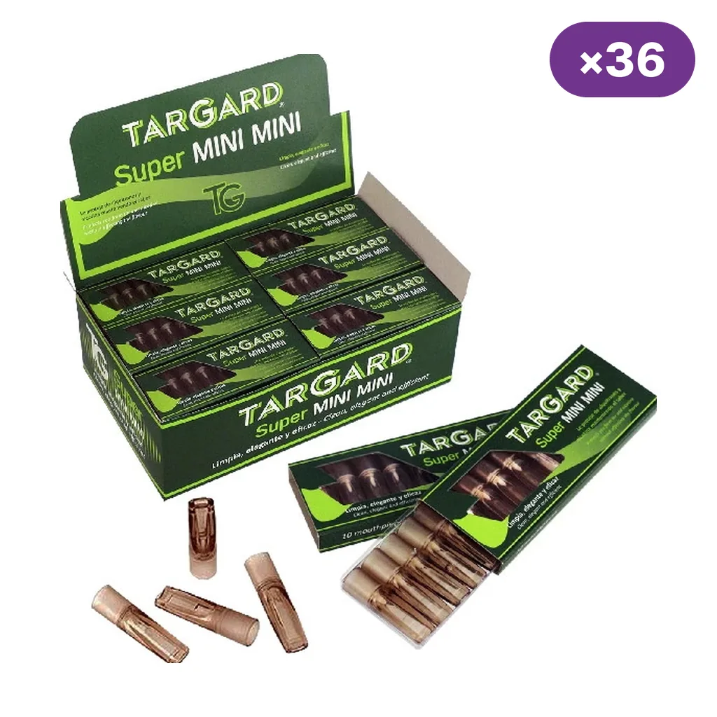 Expositor verde de TG Tar Gard Super Mini Mini con cajitas, filtros marrones sueltos y un envase abierto sobre fondo blanco.