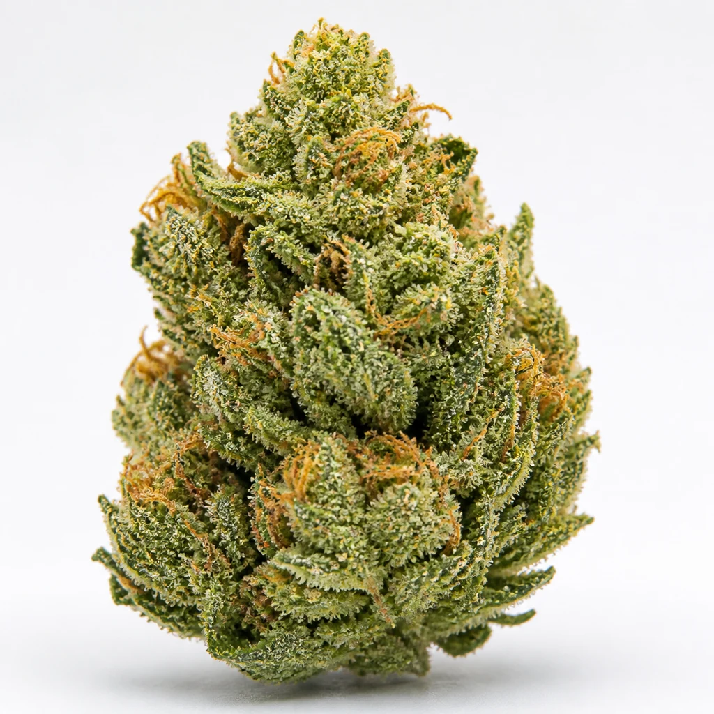 Ilustración de un cogollo verde con filamentos anaranjados y superficie blanquecina para la ficha de Super OG Kush Regular.